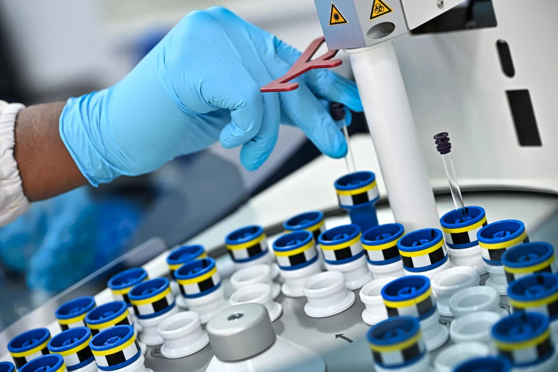 Gloved hand using tweezers to handle small pharmaceutical vials on a laboratory tray