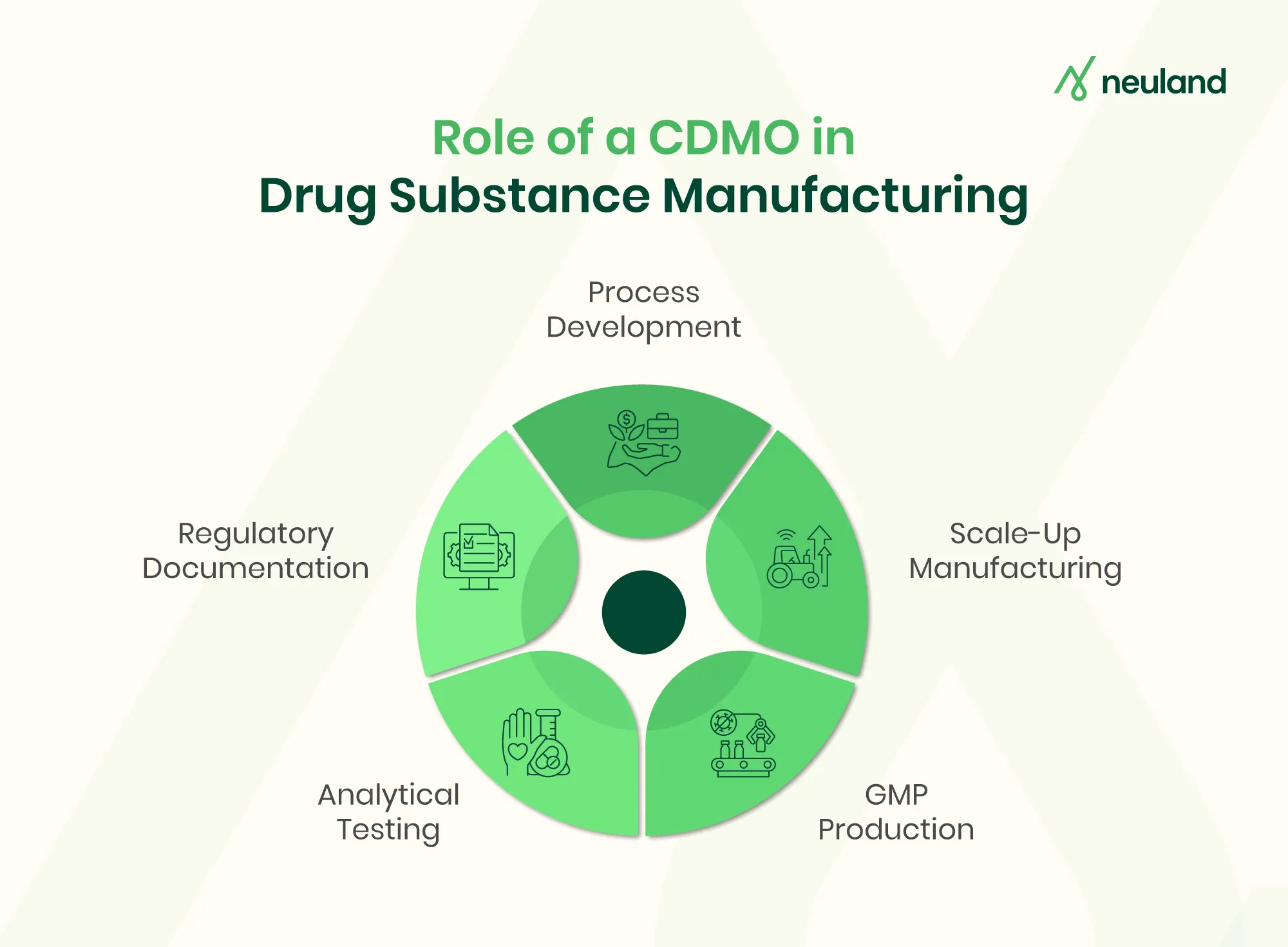 Circular infographic showing CDMO roles across the drug substance lifecycle