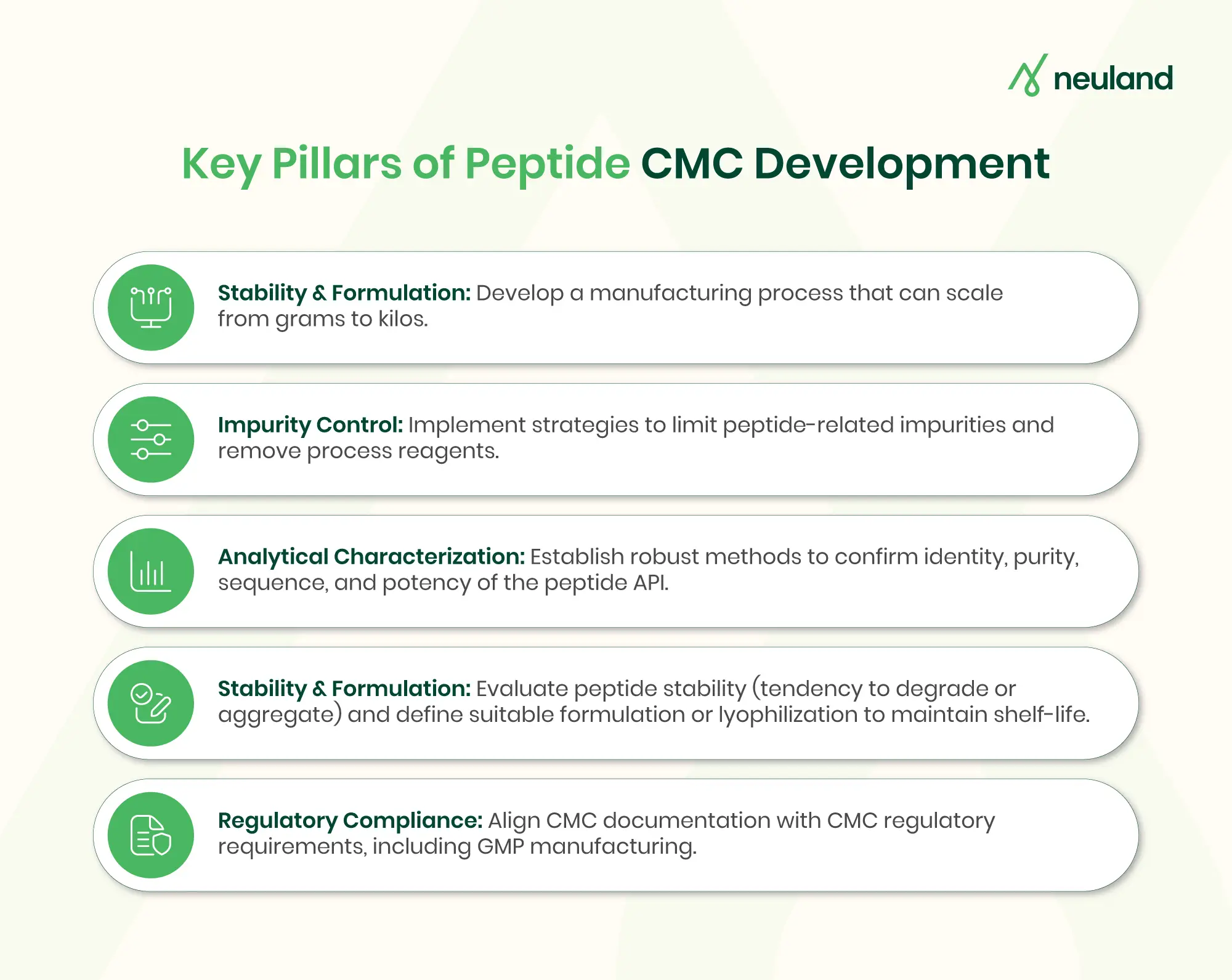 Infographic listing five key components of CMC development for peptide APIs